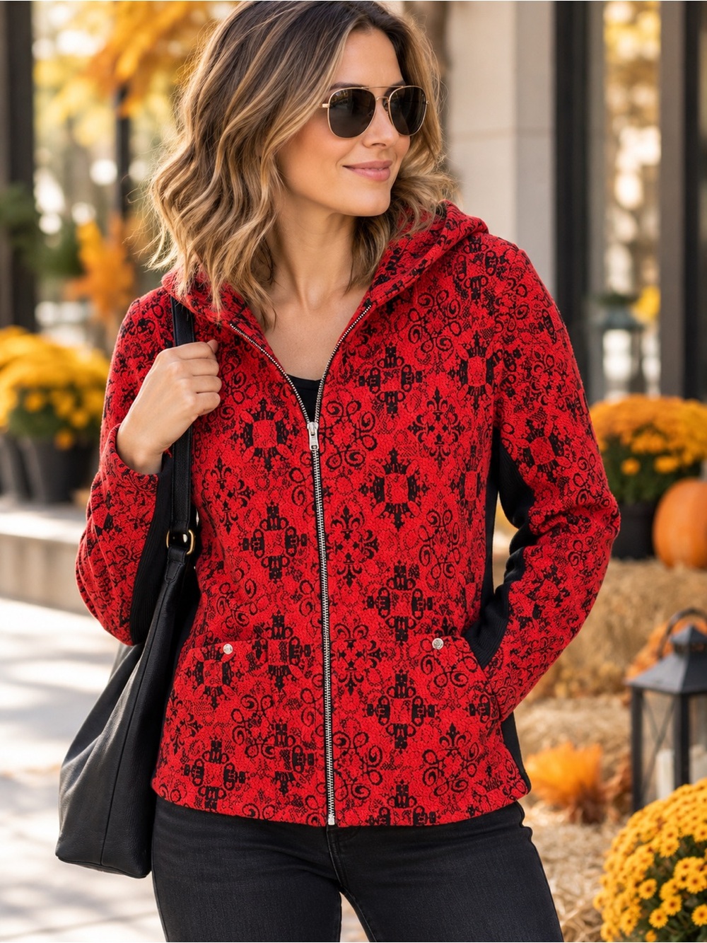 Tonia DeBellis Red Black Jacquard Hooded Zip Jacket Textured Large